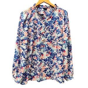 Talbots Blouse Womens XL Floral Popover Long Sleeve Coastal Blue Pink Shirt